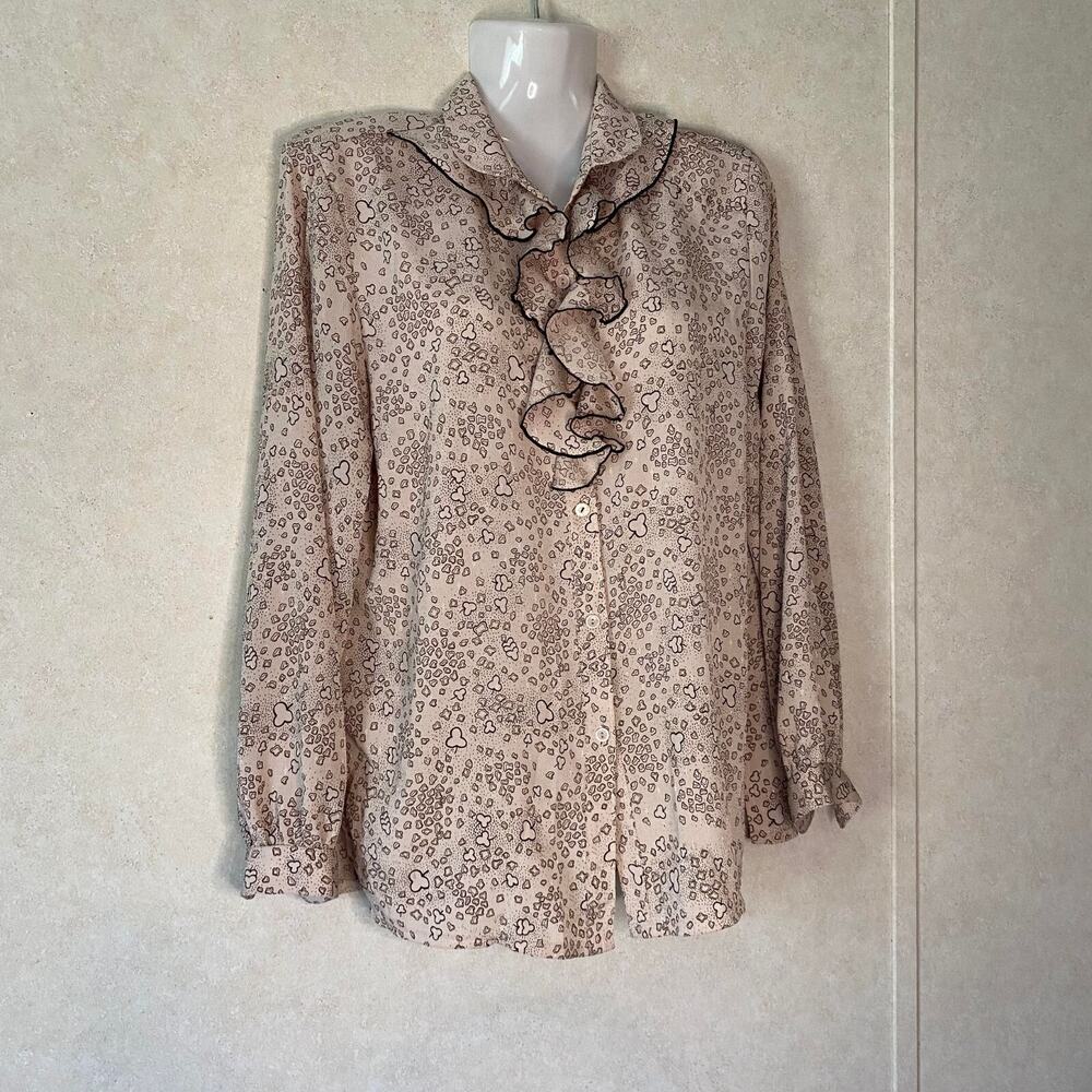 Long Sleeve Blouse For Women Ruffle Necktie with Collar Animal Print Light Brown